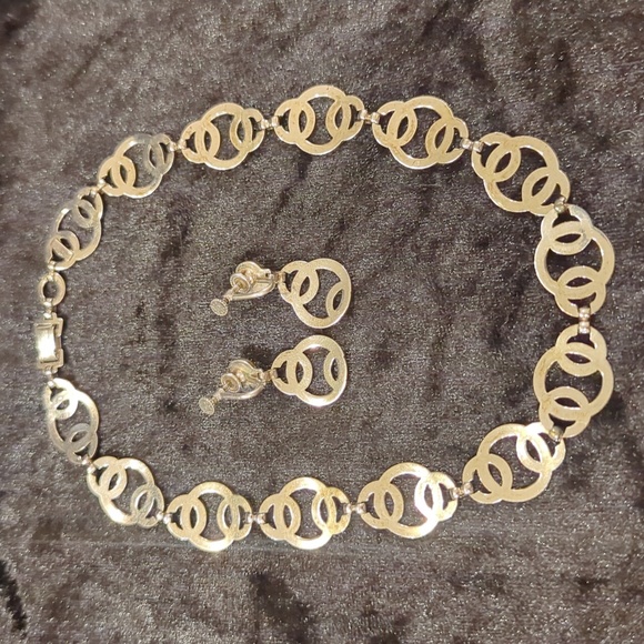 1940s Art Deco Signed Symmetallic 14kt Gold Sterling Necklace w Earrings Set - Picture 6 of 8